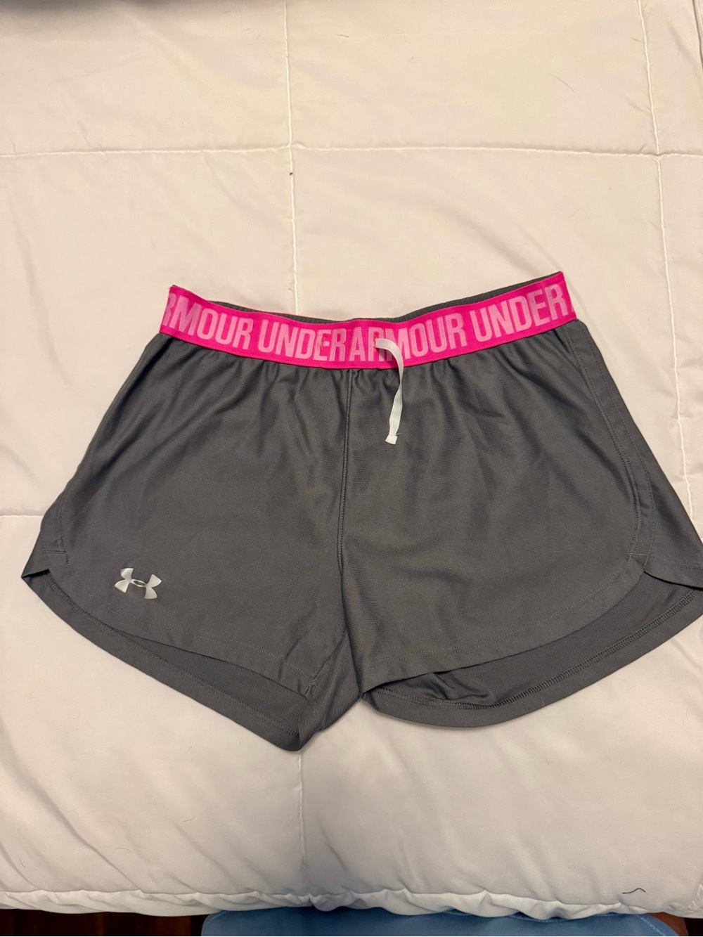 Under Armour Women’s Gray Athletic Shorts with Pink Branded Waistband